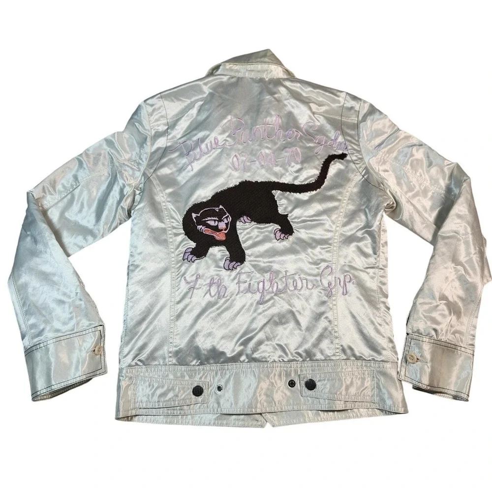 NWT Diesel Satin Bomber Jacket Panther Embroidery - Silver/White Size M Rare VTG